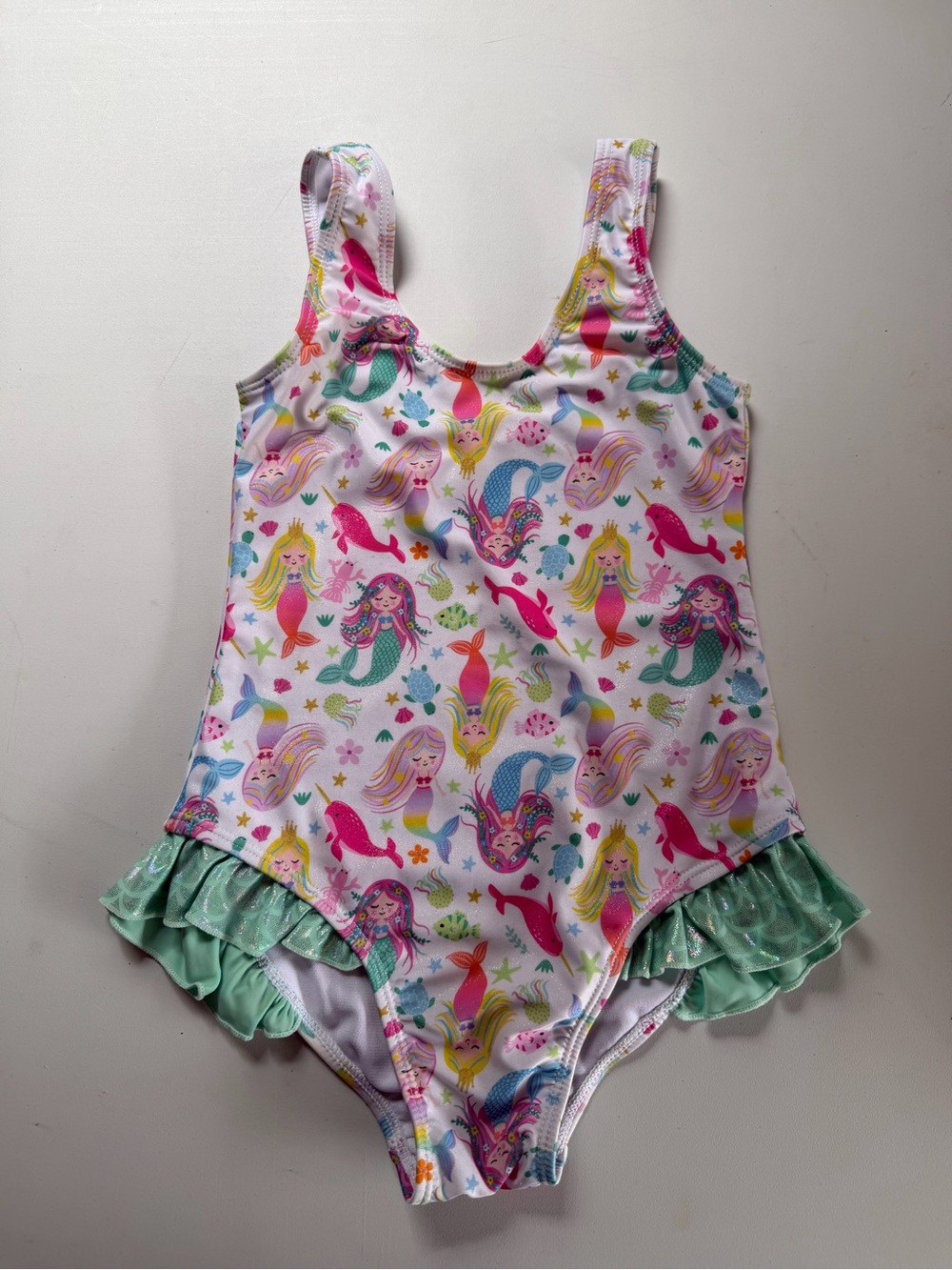 Flap Happy White Mermaid Print One-Piece Swimsuit with Mint Ruffles